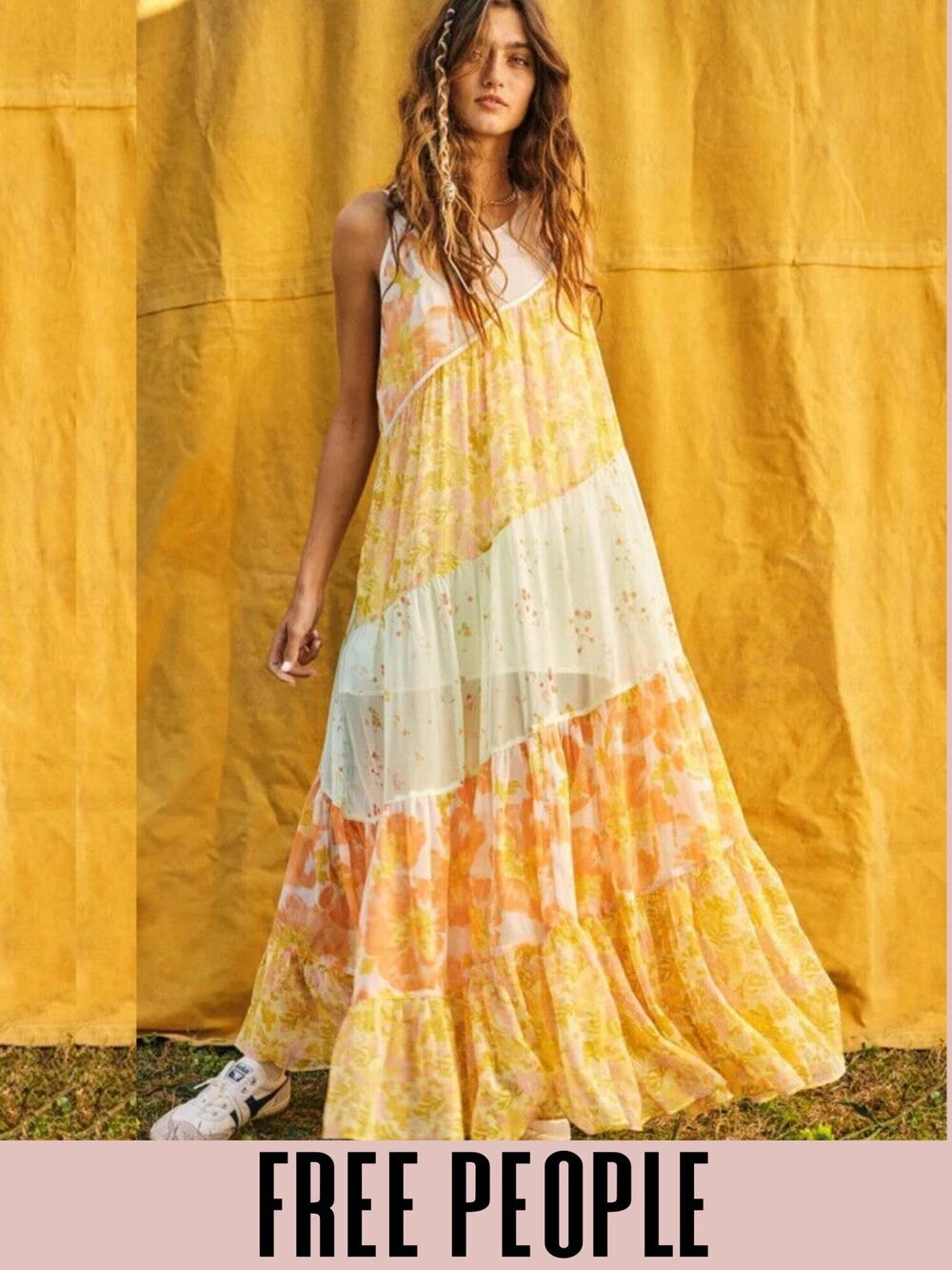 Free People maxi dress tiered floral semi-sheer boho pleated pastel XL
